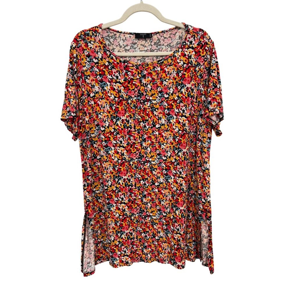Tahari Tunic Top Size 2X Multicolor Floral Short Sleeve Round Neck Boho Multi